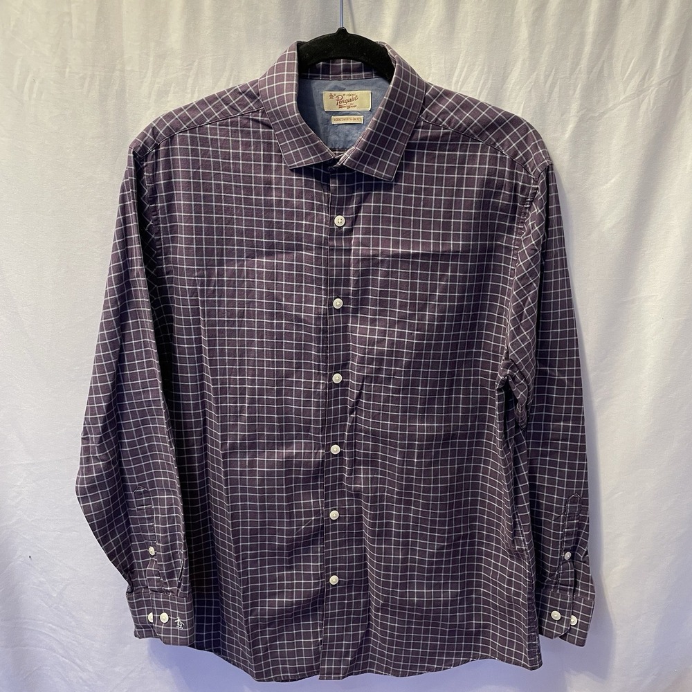 Original Penguin Heritage Slim Fit Button-Down Shirt Purple Plaid size 16/Large